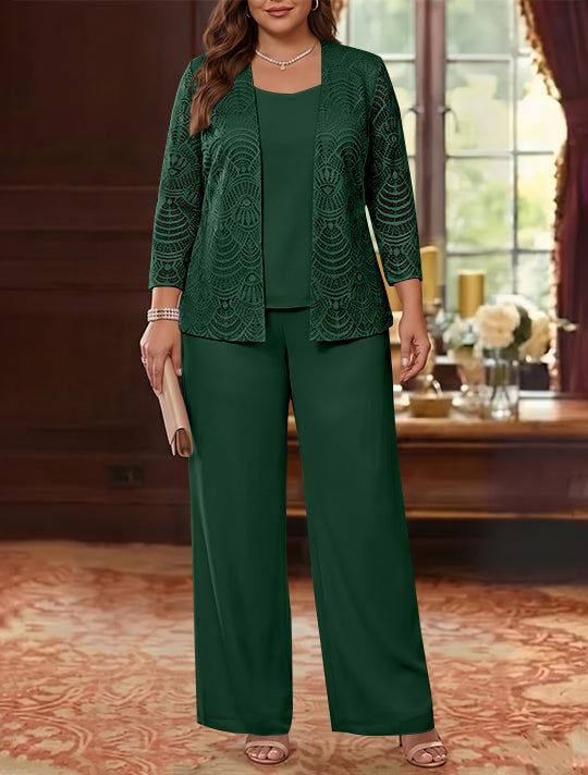 3 Pieces Scoop Chiffon Plus Size Mother of the Bride Pantsuits with Jacket Lace Ankle-Length Long Sleeves