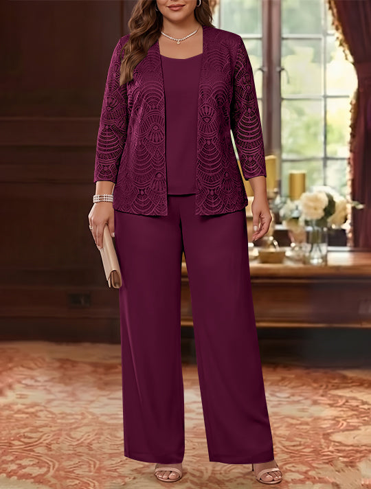 3 Pieces Scoop Chiffon Plus Size Mother of the Bride Pantsuits with Jacket Lace Ankle-Length Long Sleeves