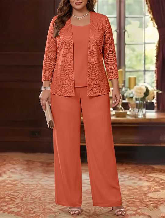 3 Pieces Scoop Chiffon Plus Size Mother of the Bride Pantsuits with Jacket Lace Ankle-Length Long Sleeves