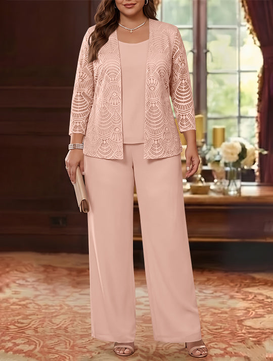 3 Pieces Scoop Chiffon Plus Size Mother of the Bride Pantsuits with Jacket Lace Ankle-Length Long Sleeves