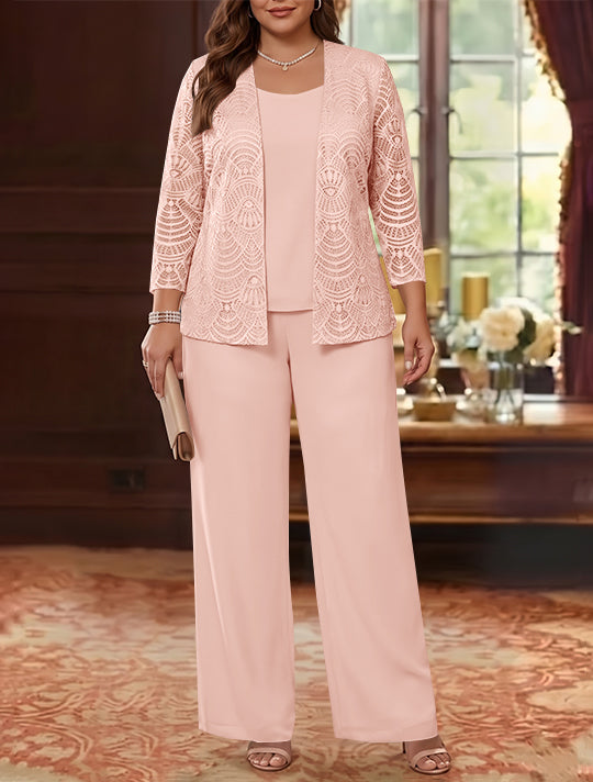 3 Pieces Scoop Chiffon Plus Size Mother of the Bride Pantsuits with Jacket Lace Ankle-Length Long Sleeves
