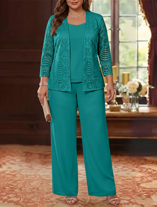 3 Pieces Scoop Chiffon Plus Size Mother of the Bride Pantsuits with Jacket Lace Ankle-Length Long Sleeves