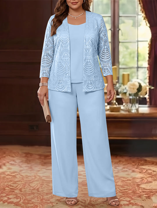 3 Pieces Scoop Chiffon Plus Size Mother of the Bride Pantsuits with Jacket Lace Ankle-Length Long Sleeves