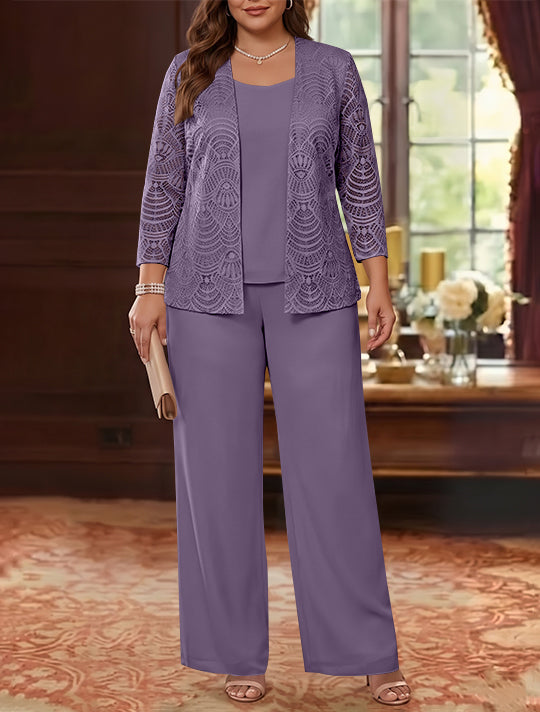 3 Pieces Scoop Chiffon Plus Size Mother of the Bride Pantsuits with Jacket Lace Ankle-Length Long Sleeves