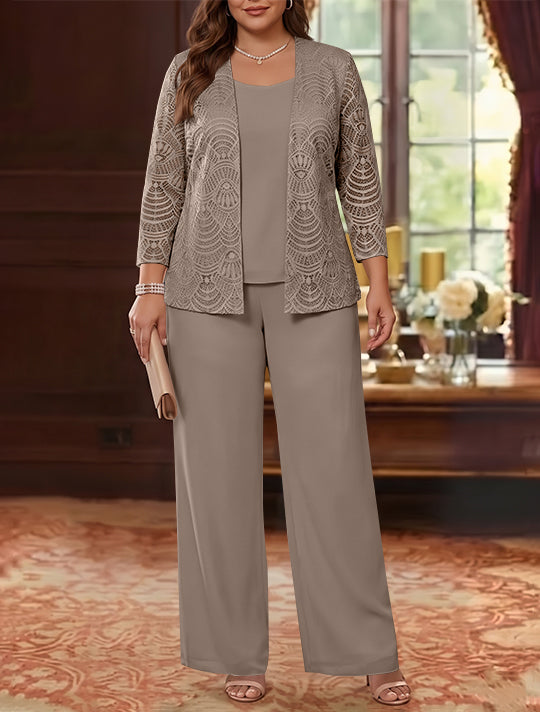 3 Pieces Scoop Chiffon Plus Size Mother of the Bride Pantsuits with Jacket Lace Ankle-Length Long Sleeves