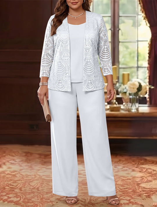 3 Pieces Scoop Chiffon Plus Size Mother of the Bride Pantsuits with Jacket Lace Ankle-Length Long Sleeves
