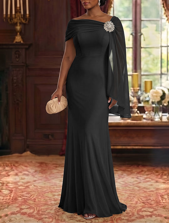 Sheath/Column Asymmetrical Neck Chiffon Mother of the Bride Dresses Cape Sleeve Rhinestone Floor-Length Ruched