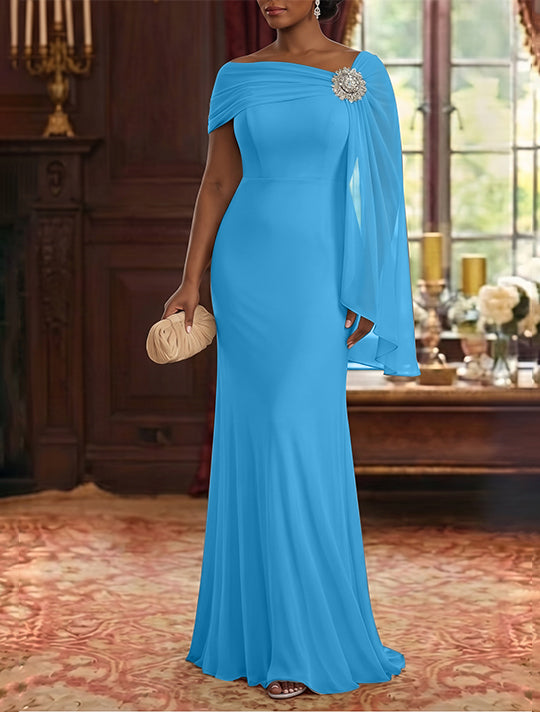 Sheath/Column Asymmetrical Neck Chiffon Mother of the Bride Dresses Cape Sleeve Rhinestone Floor-Length Ruched