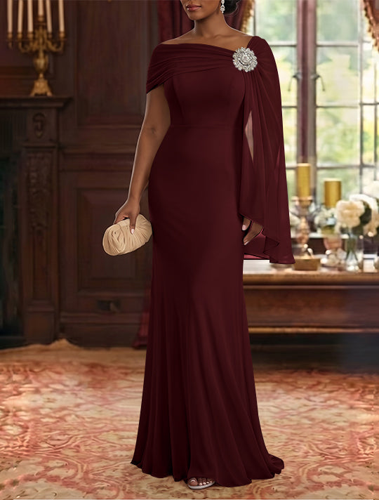 Sheath/Column Asymmetrical Neck Chiffon Mother of the Bride Dresses Cape Sleeve Rhinestone Floor-Length Ruched