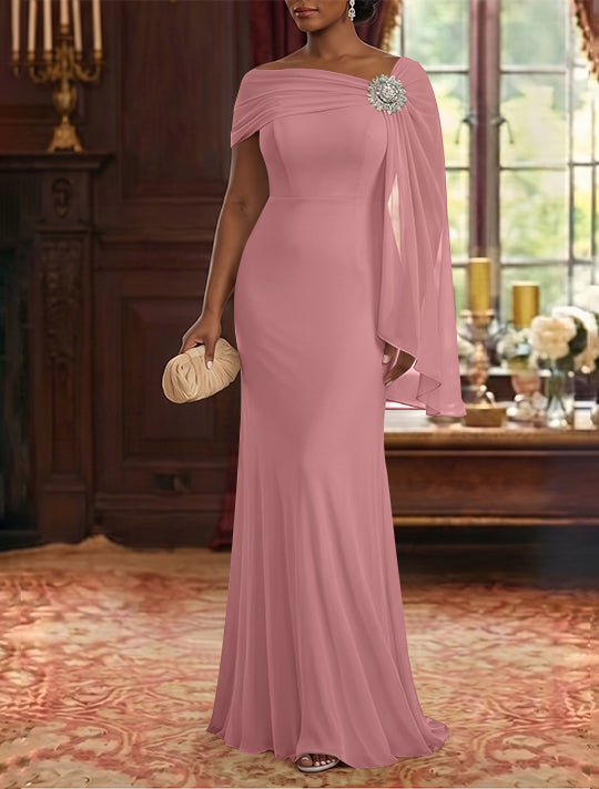 Sheath/Column Asymmetrical Neck Chiffon Mother of the Bride Dresses Cape Sleeve Rhinestone Floor-Length Ruched