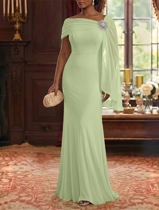 Sheath/Column Asymmetrical Neck Chiffon Mother of the Bride Dresses Cape Sleeve Rhinestone Floor-Length Ruched