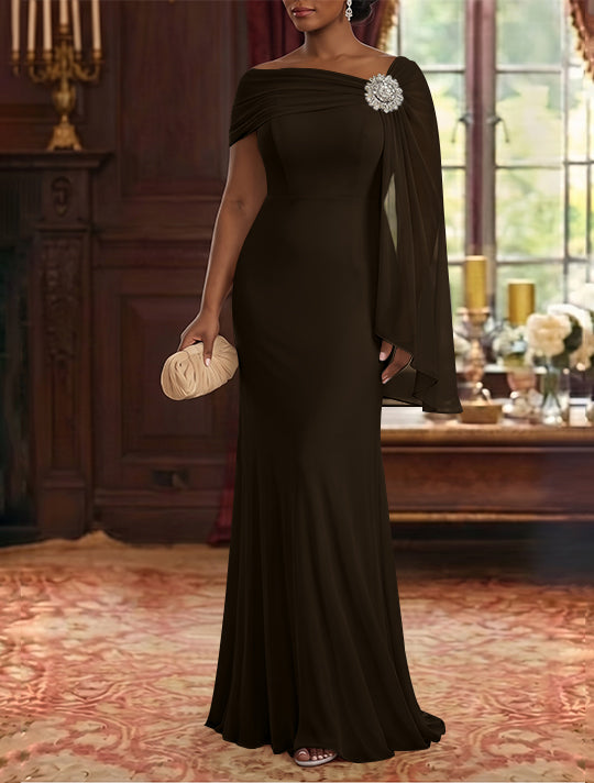 Sheath/Column Asymmetrical Neck Chiffon Mother of the Bride Dresses Cape Sleeve Rhinestone Floor-Length Ruched