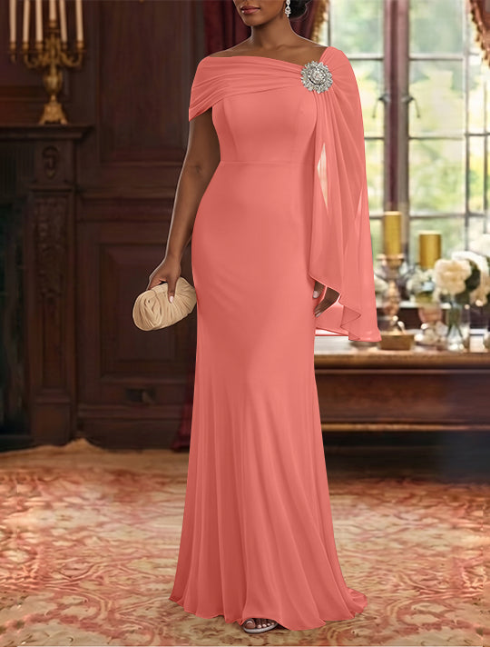 Sheath/Column Asymmetrical Neck Chiffon Mother of the Bride Dresses Cape Sleeve Rhinestone Floor-Length Ruched