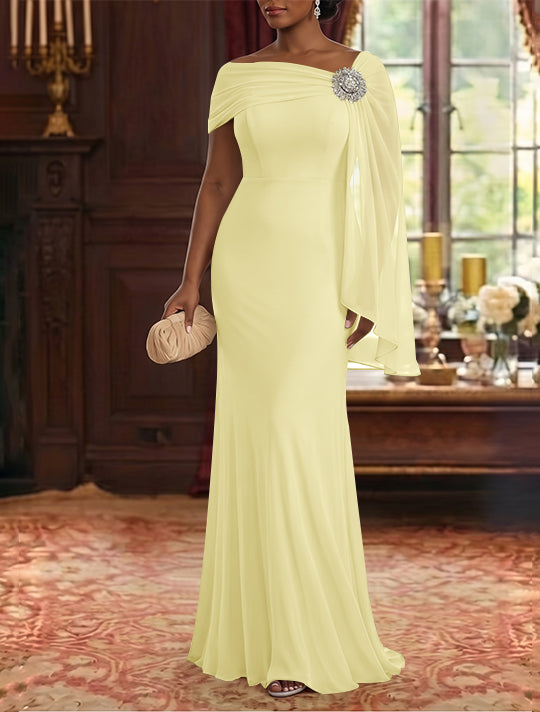 Sheath/Column Asymmetrical Neck Chiffon Mother of the Bride Dresses Cape Sleeve Rhinestone Floor-Length Ruched
