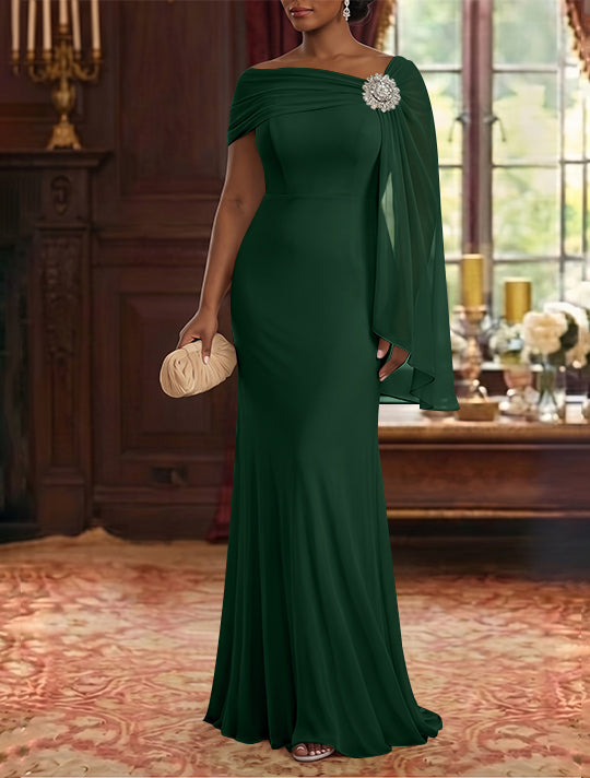 Sheath/Column Asymmetrical Neck Chiffon Mother of the Bride Dresses Cape Sleeve Rhinestone Floor-Length Ruched