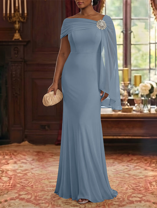 Sheath/Column Asymmetrical Neck Chiffon Mother of the Bride Dresses Cape Sleeve Rhinestone Floor-Length Ruched