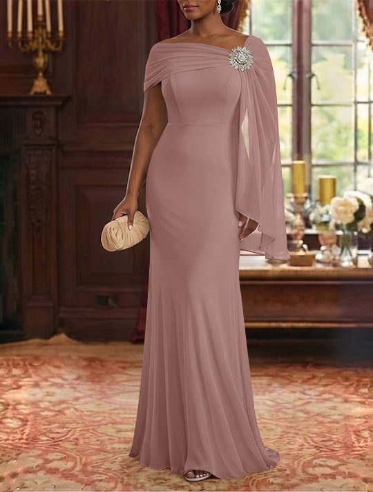 Sheath/Column Asymmetrical Neck Chiffon Mother of the Bride Dresses Cape Sleeve Rhinestone Floor-Length Ruched