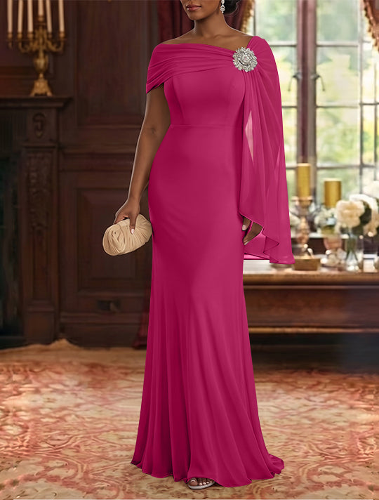Sheath/Column Asymmetrical Neck Chiffon Mother of the Bride Dresses Cape Sleeve Rhinestone Floor-Length Ruched