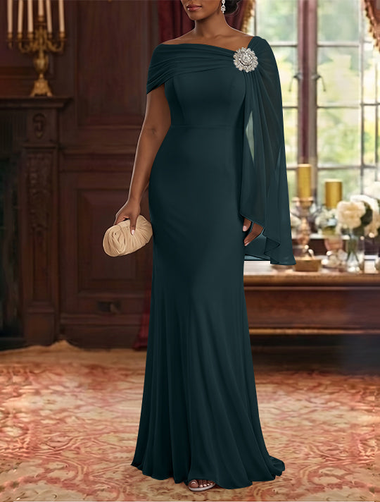 Sheath/Column Asymmetrical Neck Chiffon Mother of the Bride Dresses Cape Sleeve Rhinestone Floor-Length Ruched