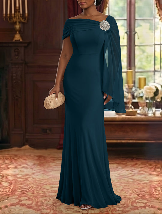 Sheath/Column Asymmetrical Neck Chiffon Mother of the Bride Dresses Cape Sleeve Rhinestone Floor-Length Ruched