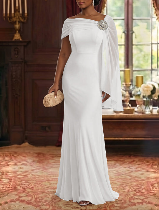 Sheath/Column Asymmetrical Neck Chiffon Mother of the Bride Dresses Cape Sleeve Rhinestone Floor-Length Ruched