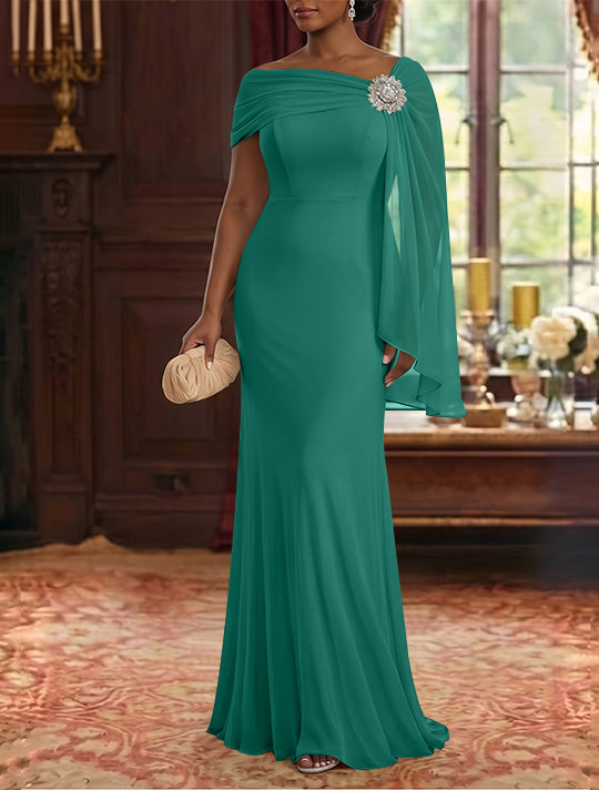 Sheath/Column Asymmetrical Neck Chiffon Mother of the Bride Dresses Cape Sleeve Rhinestone Floor-Length Ruched