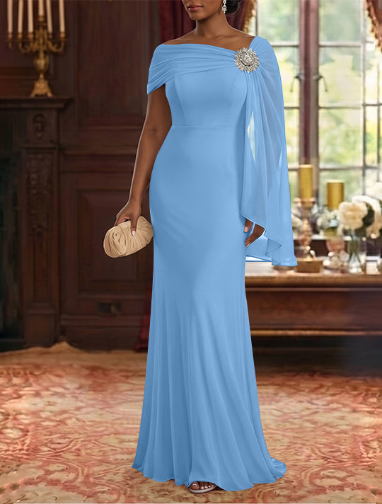 Sheath/Column Asymmetrical Neck Chiffon Mother of the Bride Dresses Cape Sleeve Rhinestone Floor-Length Ruched