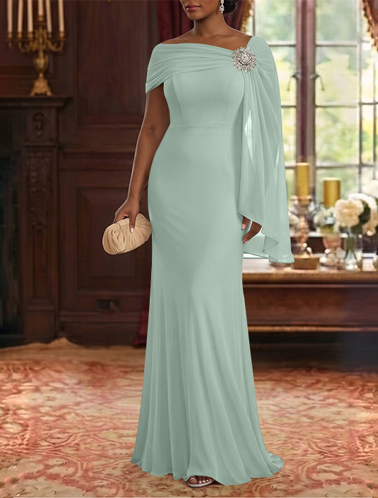 Sheath/Column Asymmetrical Neck Chiffon Mother of the Bride Dresses Cape Sleeve Rhinestone Floor-Length Ruched