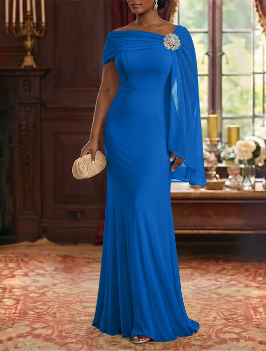 Sheath/Column Asymmetrical Neck Chiffon Mother of the Bride Dresses Cape Sleeve Rhinestone Floor-Length Ruched