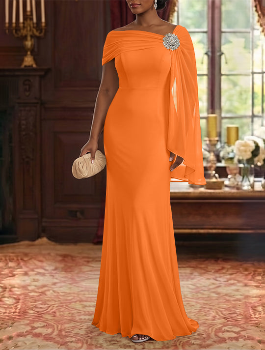 Sheath/Column Asymmetrical Neck Chiffon Mother of the Bride Dresses Cape Sleeve Rhinestone Floor-Length Ruched