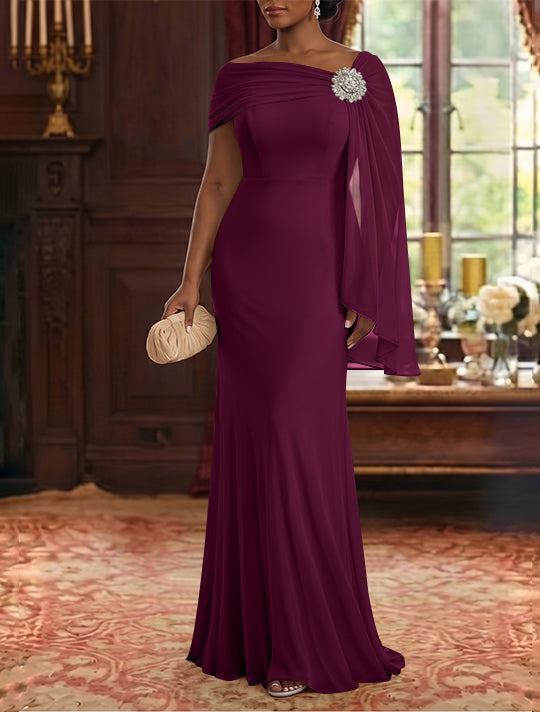 Sheath/Column Asymmetrical Neck Chiffon Mother of the Bride Dresses Cape Sleeve Rhinestone Floor-Length Ruched