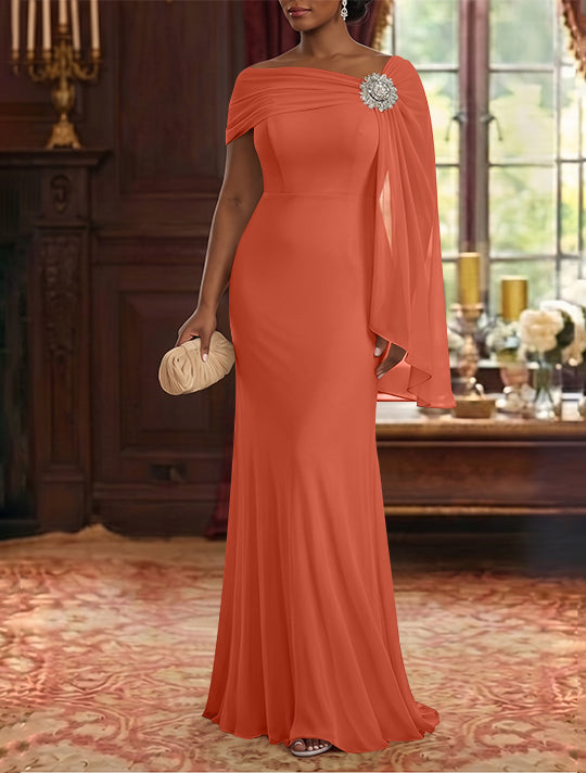 Sheath/Column Asymmetrical Neck Chiffon Mother of the Bride Dresses Cape Sleeve Rhinestone Floor-Length Ruched