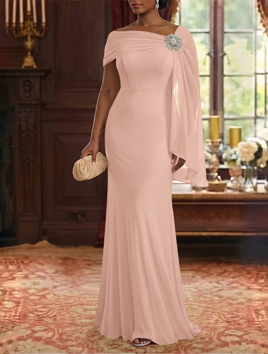 Sheath/Column Asymmetrical Neck Chiffon Mother of the Bride Dresses Cape Sleeve Rhinestone Floor-Length Ruched