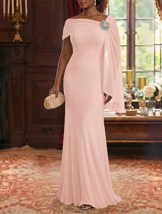 Sheath/Column Asymmetrical Neck Chiffon Mother of the Bride Dresses Cape Sleeve Rhinestone Floor-Length Ruched