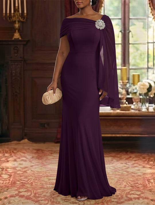 Sheath/Column Asymmetrical Neck Chiffon Mother of the Bride Dresses Cape Sleeve Rhinestone Floor-Length Ruched