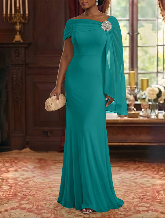 Sheath/Column Asymmetrical Neck Chiffon Mother of the Bride Dresses Cape Sleeve Rhinestone Floor-Length Ruched