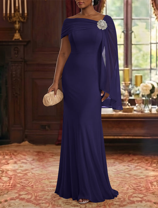 Sheath/Column Asymmetrical Neck Chiffon Mother of the Bride Dresses Cape Sleeve Rhinestone Floor-Length Ruched