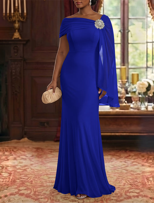 Sheath/Column Asymmetrical Neck Chiffon Mother of the Bride Dresses Cape Sleeve Rhinestone Floor-Length Ruched