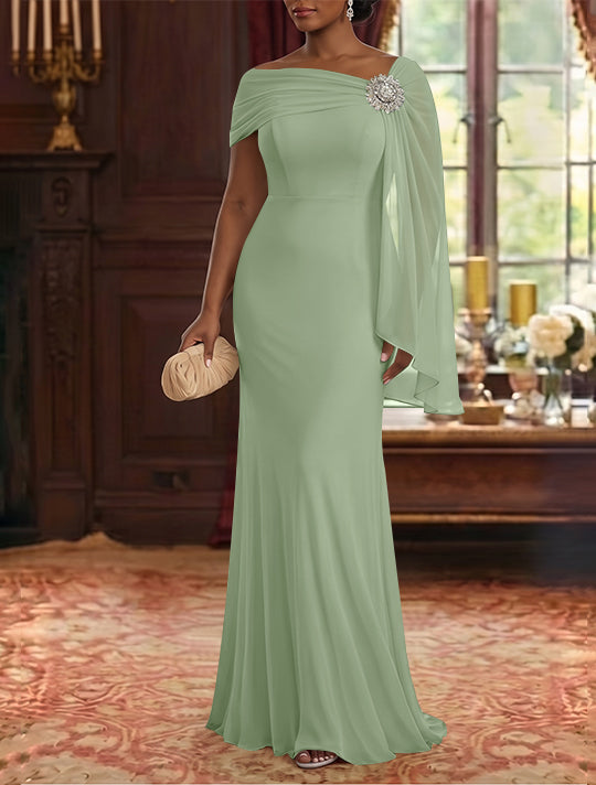 Sheath/Column Asymmetrical Neck Chiffon Mother of the Bride Dresses Cape Sleeve Rhinestone Floor-Length Ruched