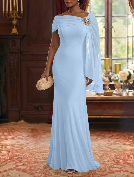 Sheath/Column Asymmetrical Neck Chiffon Mother of the Bride Dresses Cape Sleeve Rhinestone Floor-Length Ruched
