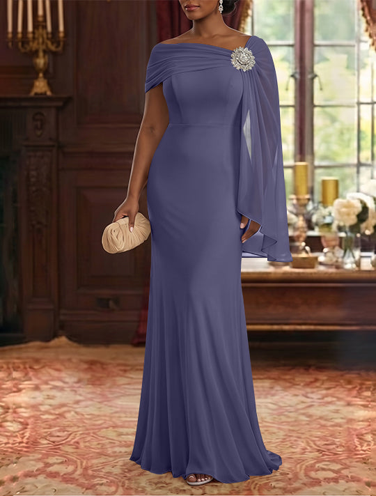 Sheath/Column Asymmetrical Neck Chiffon Mother of the Bride Dresses Cape Sleeve Rhinestone Floor-Length Ruched