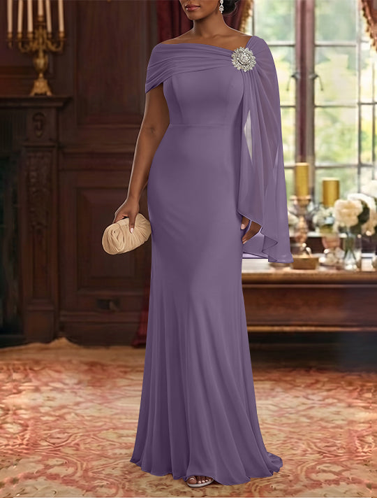 Sheath/Column Asymmetrical Neck Chiffon Mother of the Bride Dresses Cape Sleeve Rhinestone Floor-Length Ruched
