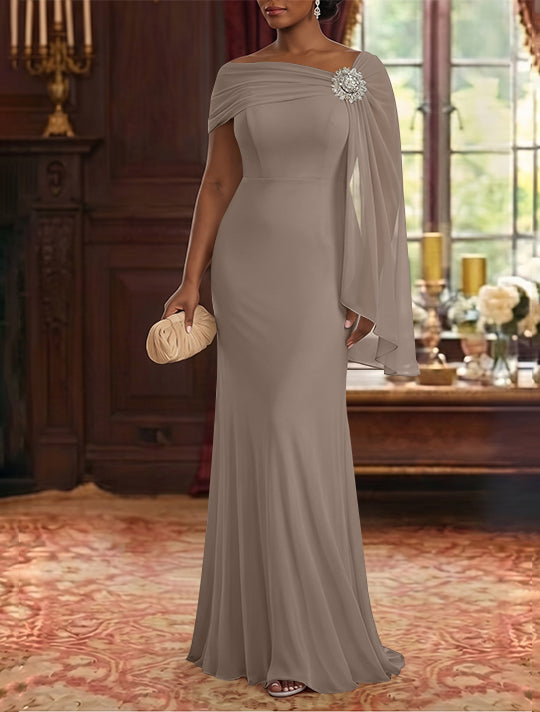 Sheath/Column Asymmetrical Neck Chiffon Mother of the Bride Dresses Cape Sleeve Rhinestone Floor-Length Ruched