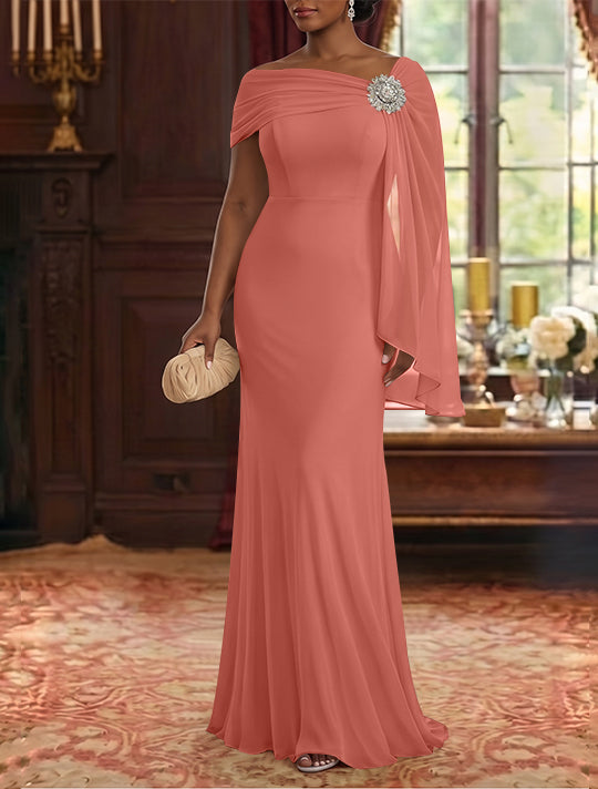 Sheath/Column Asymmetrical Neck Chiffon Mother of the Bride Dresses Cape Sleeve Rhinestone Floor-Length Ruched