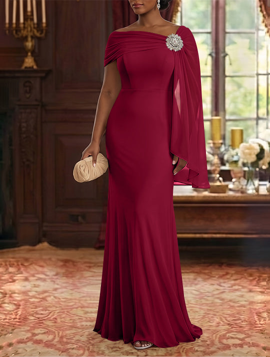 Sheath/Column Asymmetrical Neck Chiffon Mother of the Bride Dresses Cape Sleeve Rhinestone Floor-Length Ruched