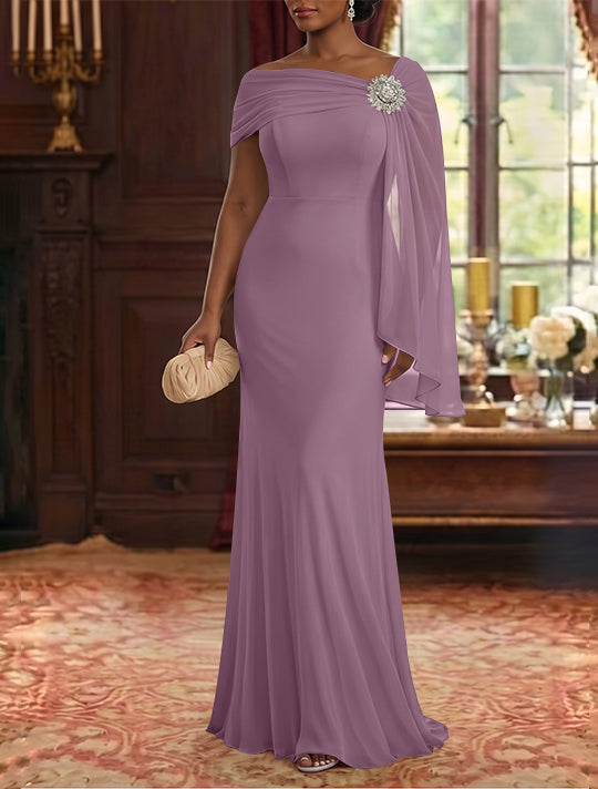 Sheath/Column Asymmetrical Neck Chiffon Mother of the Bride Dresses Cape Sleeve Rhinestone Floor-Length Ruched