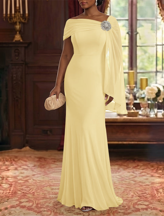 Sheath/Column Asymmetrical Neck Chiffon Mother of the Bride Dresses Cape Sleeve Rhinestone Floor-Length Ruched