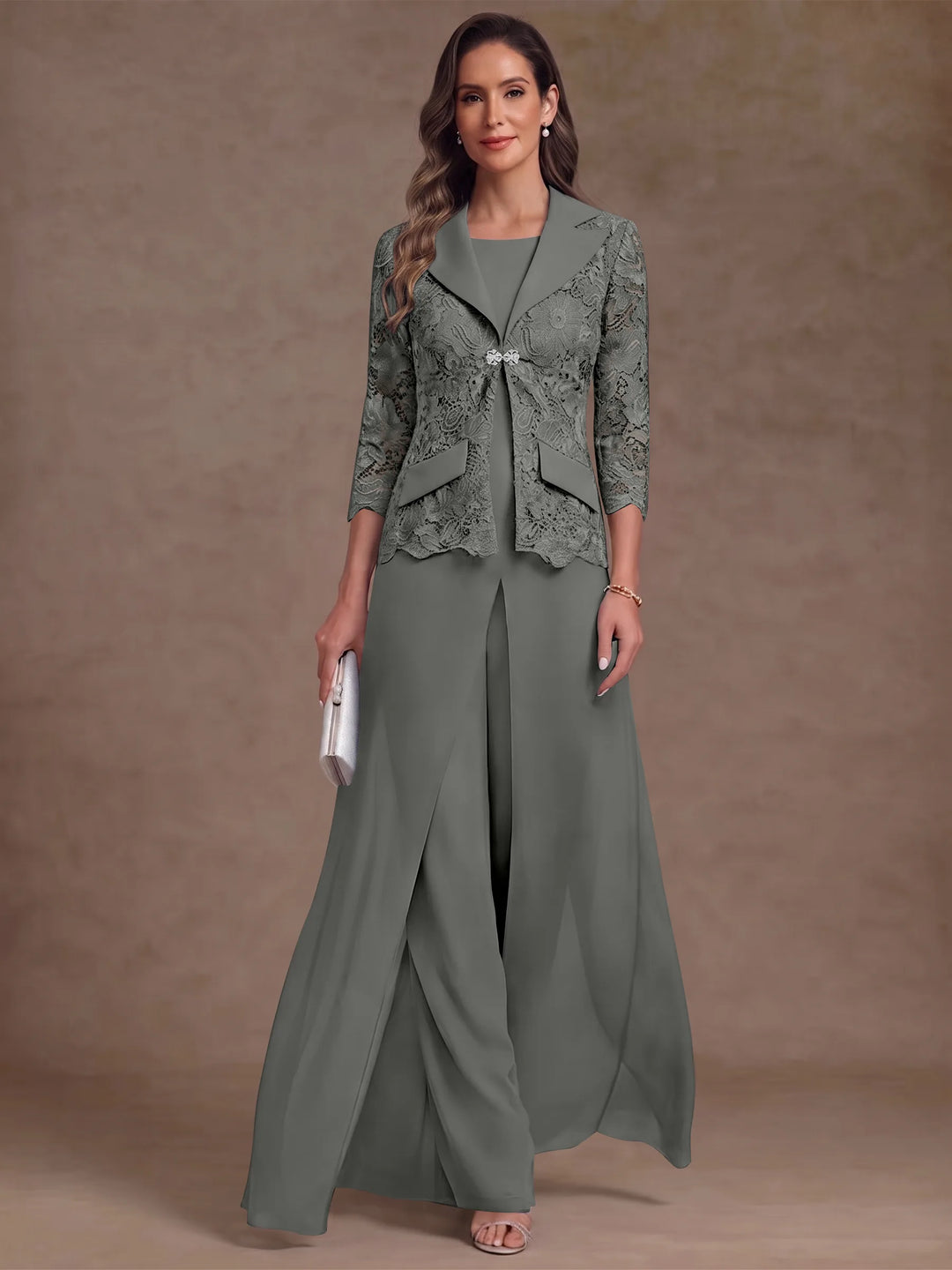 3 Pieces Suit Scoop Chiffon Mother of the Bride Pantsuits with Jacket Overskirt Lace Ankle-Length 3/4 Sleeves