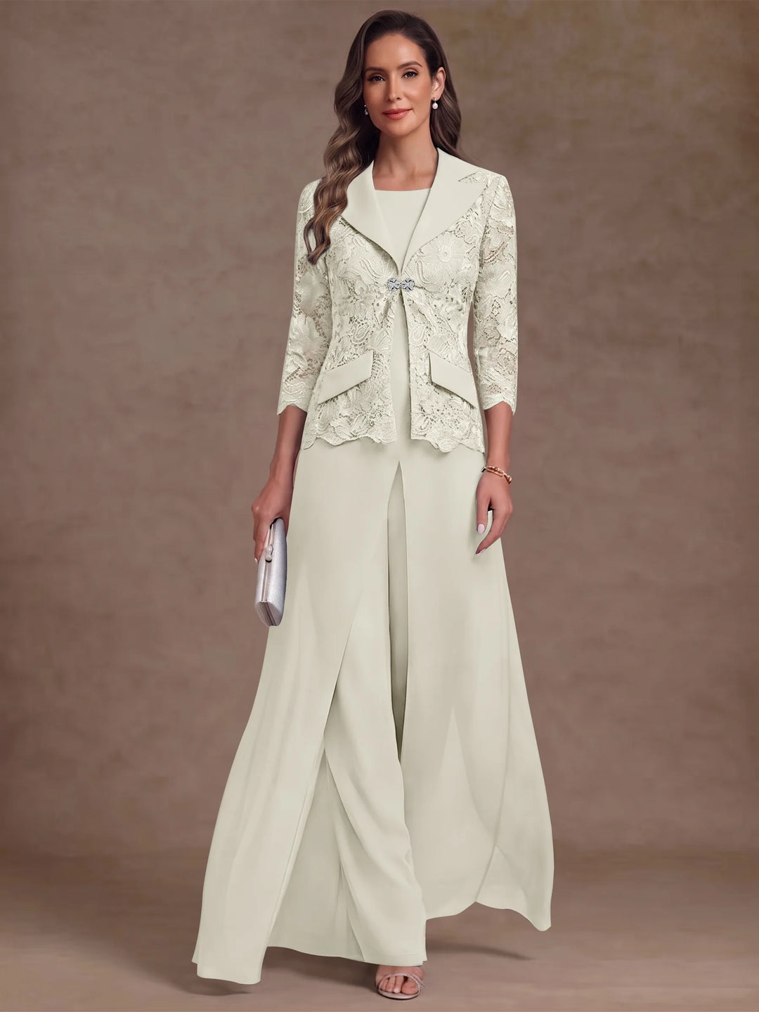 3 Pieces Suit Scoop Chiffon Mother of the Bride Pantsuits with Jacket Overskirt Lace Ankle-Length 3/4 Sleeves
