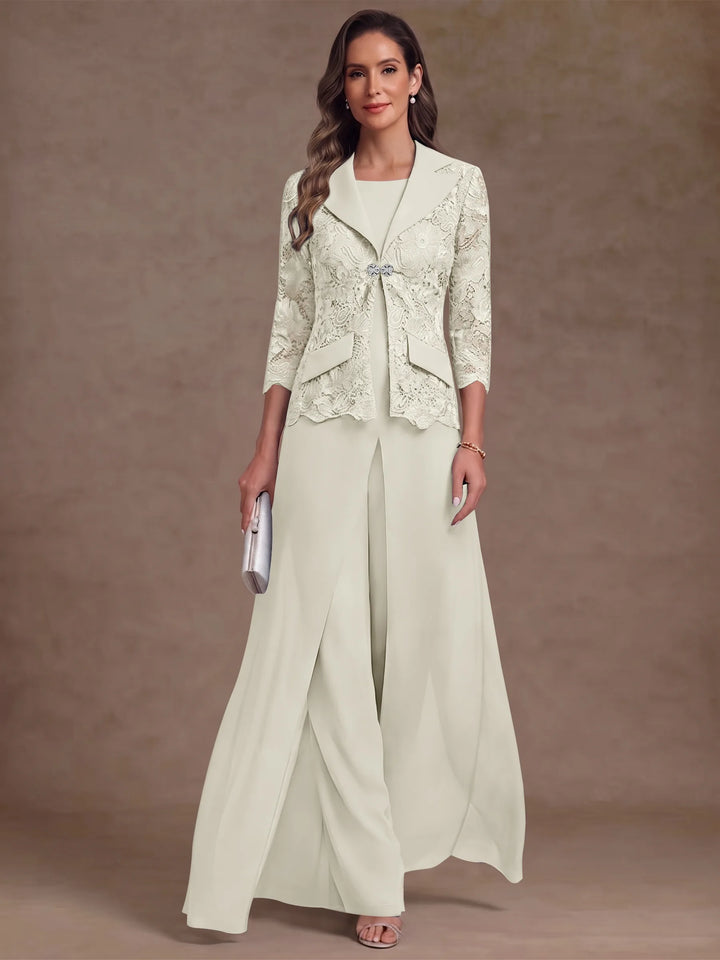 3 Pieces Suit Scoop Chiffon Mother of the Bride Pantsuits with Jacket Overskirt Lace Ankle-Length 3/4 Sleeves